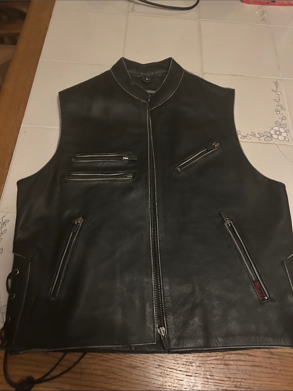 Men's Black Leather Zip Vest with Zip Pockets